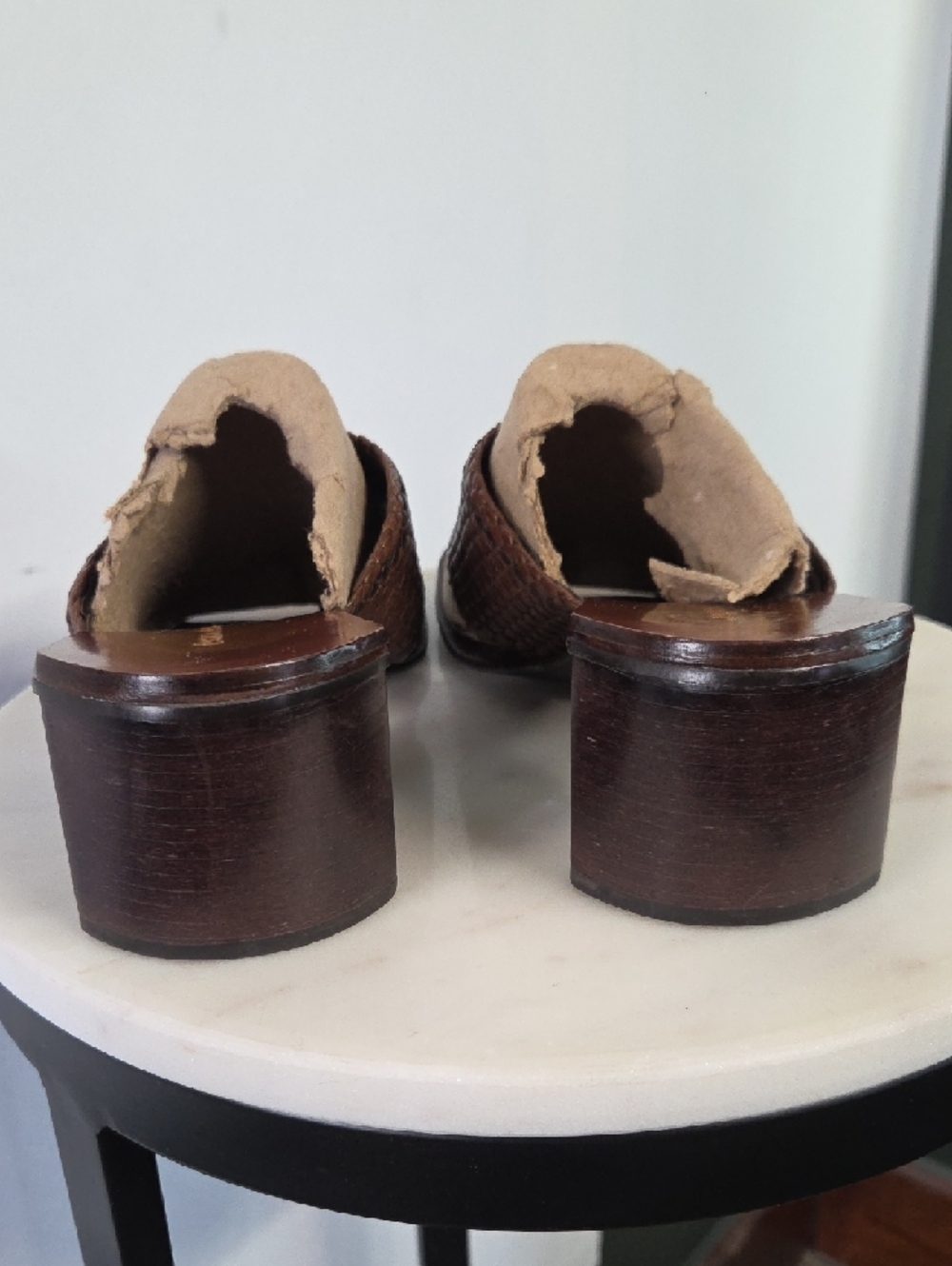Enzo Angiolini Brown Woven Leather and Beige Suede Knot Slide Heels Size 8.5 - Picture 4 of 6